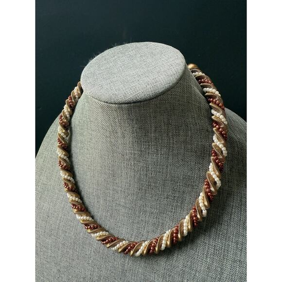 Vintage Twisted Rope Coil Bead Necklace Gold Tone Choker Collar Bib Y2K 80s 23” - Picture 2 of 5